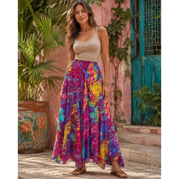 Caite Dresses & Skirts - CAITE Maxi Cotton Lined Boho Abstract Maxi Skirt Large Festival Gypsy Beachy